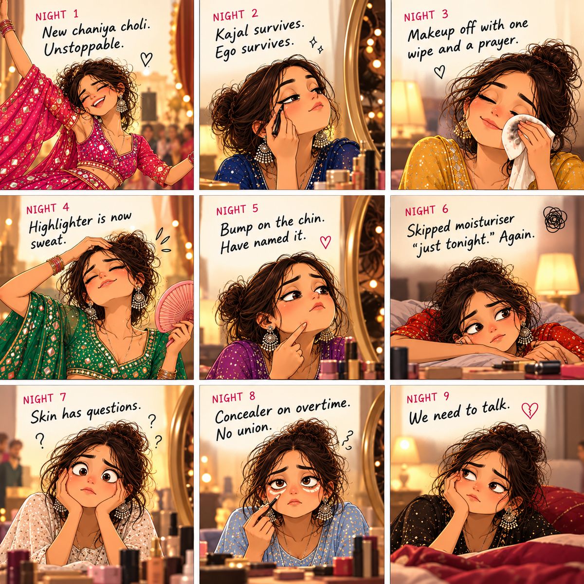 Nine nights comic. Night 1: New chaniya choli, unstoppable. Night 2: Kajal survives, ego survives. Night 3: Makeup off with one wipe and a prayer. Night 4: Highlighter is now sweat. Night 5: Bump on the chin, have named it. Night 6: Skipped moisturiser just tonight, again. Night 7: Skin has questions. Night 8: Concealer on overtime, no union. Night 9: We need to talk.