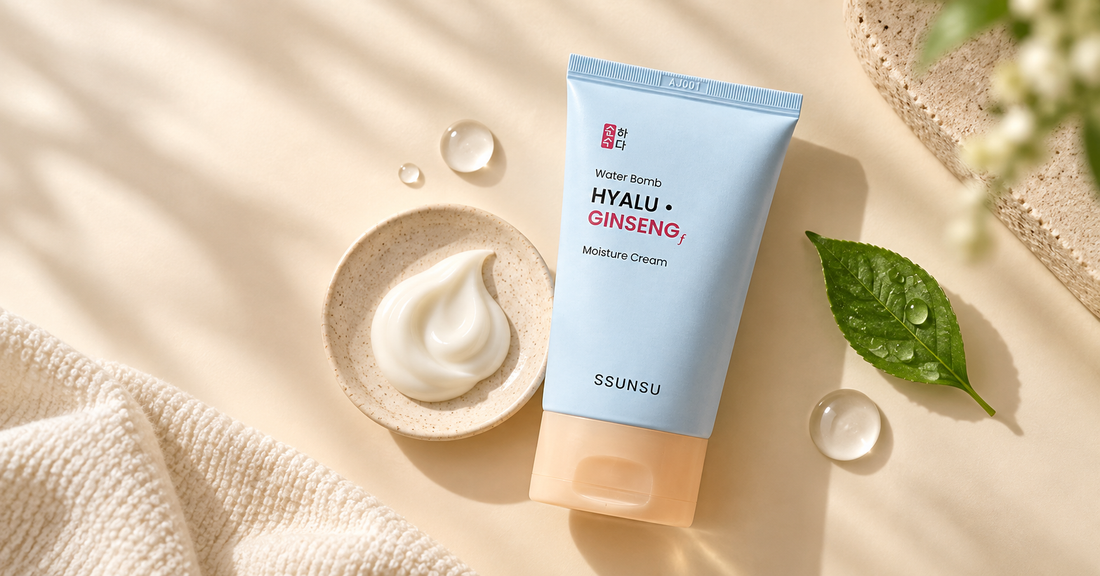 SSUNSU Hyalu Ginseng Moisture Cream jar on a flat-lay skincare background with cream texture swirl, illustrating why hyaluronic acid alone isn't enough for dry skin