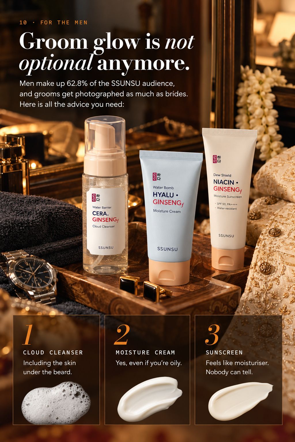 10, for the men. Groom glow is not optional anymore. Three steps: 1 Cloud Cleanser, including the skin under the beard. 2 Moisture Cream, yes even if you're oily. 3 Sunscreen, feels like moisturiser, nobody can tell.
