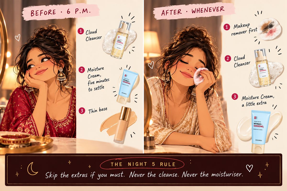 The Fasting Together Club. He's fasting too this year. His skin isn't ready. One routine, two faces. Night before: both of you, Cloud Cleanser then a generous layer of Moisture Cream. After sargi: cleanse, moisturise, sunscreen, yes him too. After moonrise: cleanse and moisturise at the same sink.